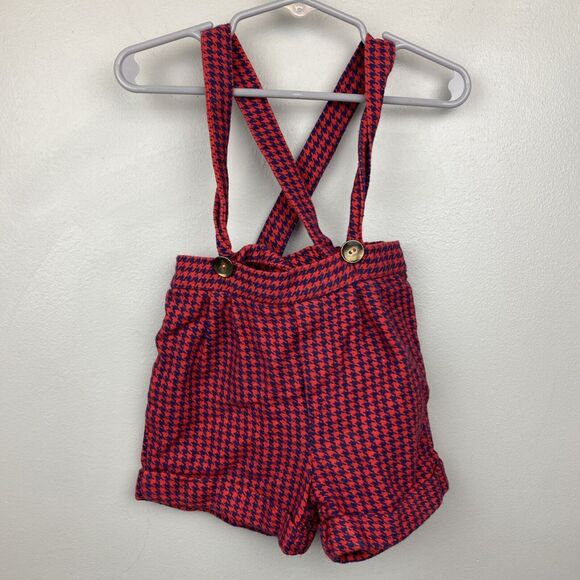 Vintage suspender shorts baby 18mos red houndstooth overalls bibs 80s 90s Snap - Picture 1 of 9